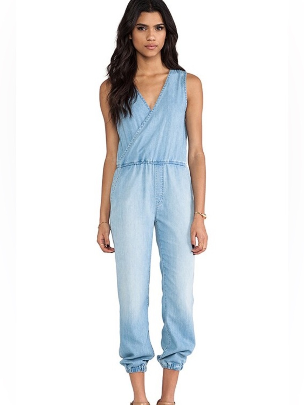 MOTHER Denim Light Wash Chambray Surplice Jogger Jumpsuit